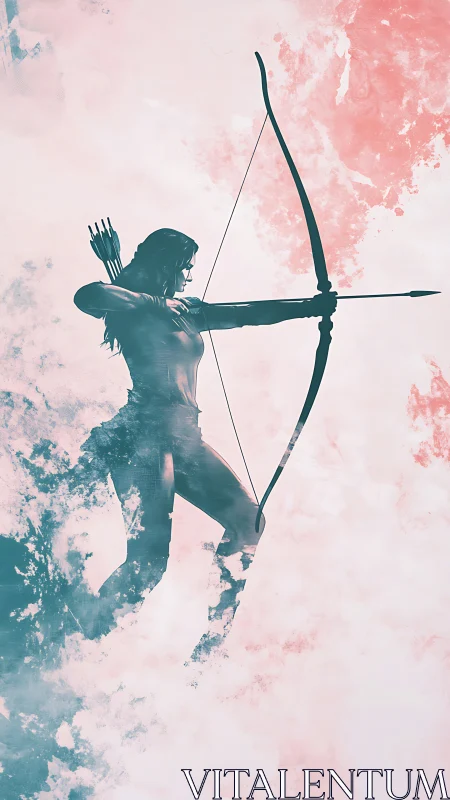 Digital painting silhouette of archer in ethereal cloudscape.