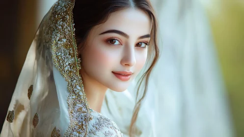 Bridal portrait in ornate embroidered dupatta, warm soft focus
