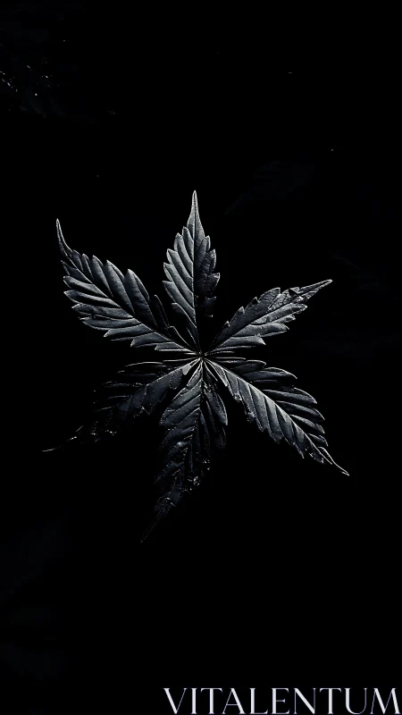 Dark monochrome leaf isolated against deep black field.