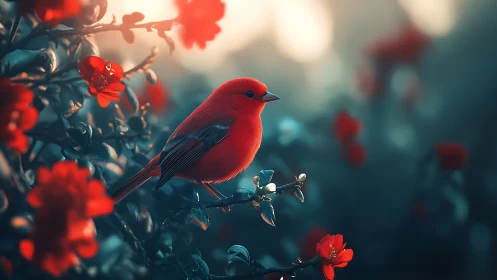 Vibrant red bird perched on flowering branch in dreamy soft light.