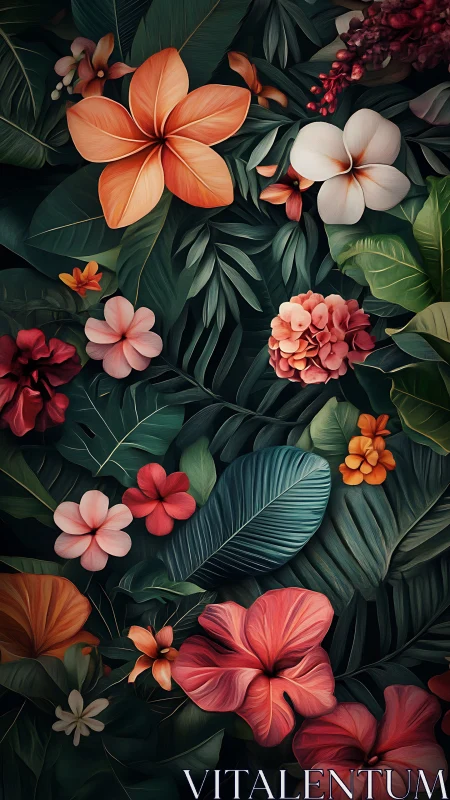 Vibrant Tropical Florals with Lush Foliage in Deep Natural Palette.
