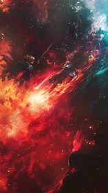 Sword-wielding warriors clash through erupting cosmic fire