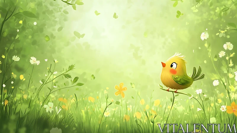 Stylized Yellow Bird in Spring Meadow Setting.