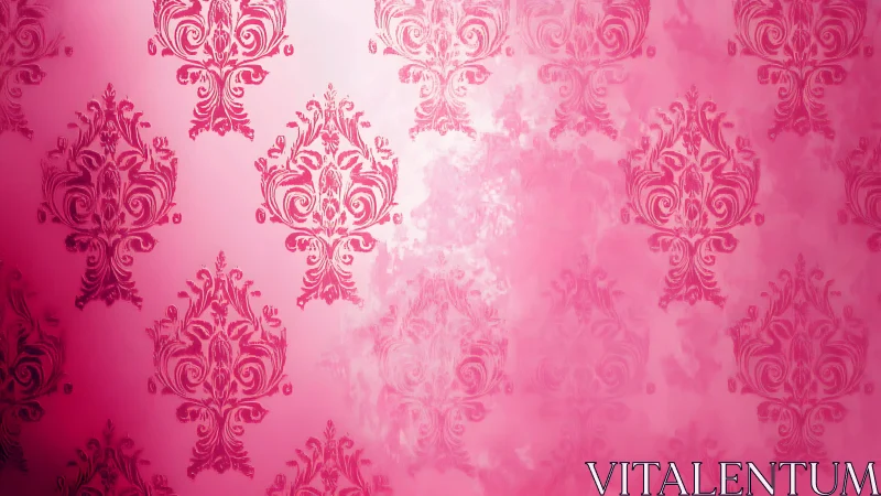 Monochrome damask pattern repeats on pink textured field