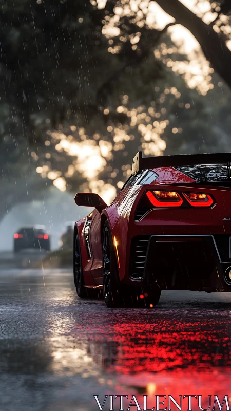 Red sports car idles on wet road under soft evening rain