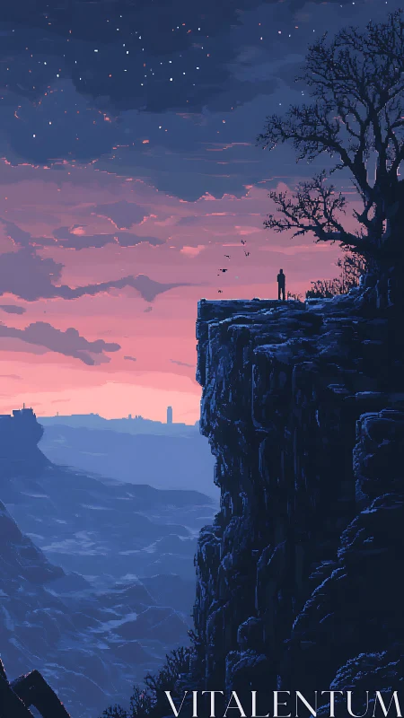 Solitary human figure stands on cliff edge under twilight sky