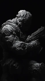 Armored alien warrior broods in dramatic shadowed silence