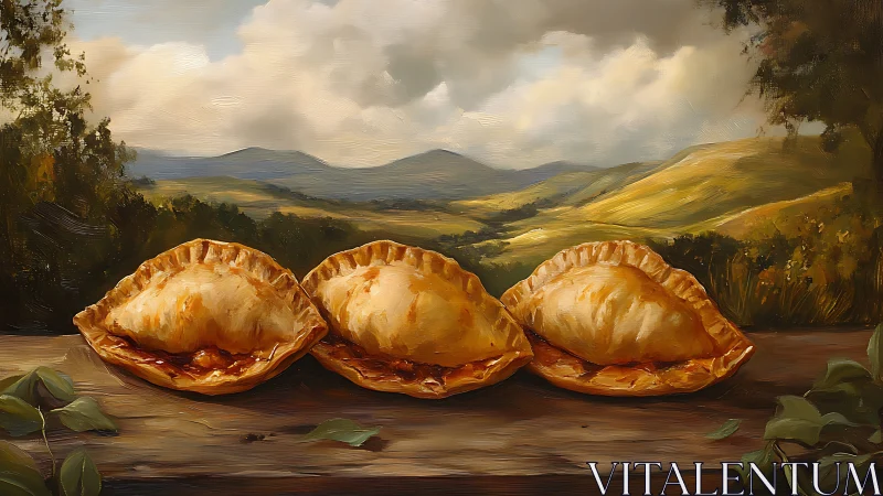 Three baked hand pies on wooden ledge before hills.