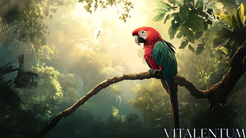 Scarlet parrot perched on branch in lush sunlit jungle.