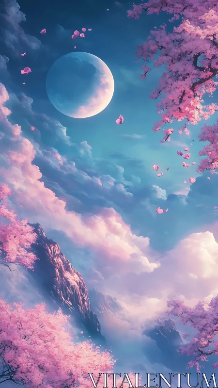 Moonlit sky with cherry blossoms over mountainous landscape.