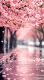 Cherry Blossoms Frame Rain-Soaked Urban Street Path.