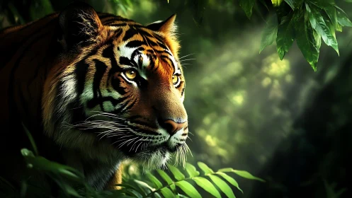 Photorealistic tiger portrait in dappled rainforest light.