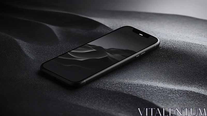 Sleek black smartphone rests on sculpted textured surface.