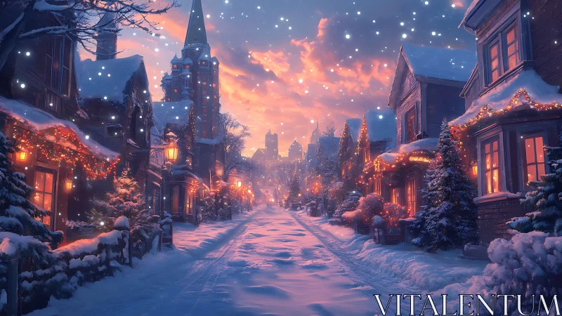 Snow-covered town street with festive lights at sunset.