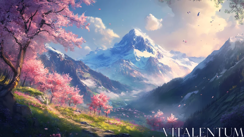 Alpine valley with cherry blossoms and snowcapped peak at dawn