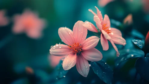 Pink Cosmos Flowers With Dew Drops.