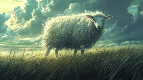 Sheep stands in windswept grassland under dense cloud cover