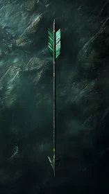 Vertical emerald-fletched arrow on dark textured stone background.