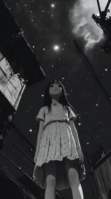 Anime girl under star filled night sky in dramatic low angle