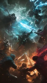 Clashing fantasy warriors split by blue lightning and fire.