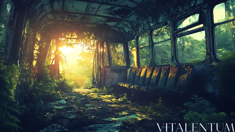 Overgrown abandoned bus interior illuminated by low sunlight