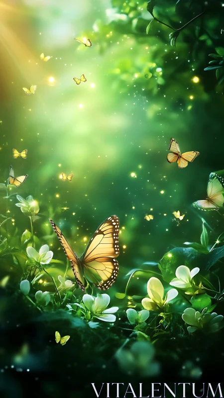 Golden butterflies drift through luminous forest clearing