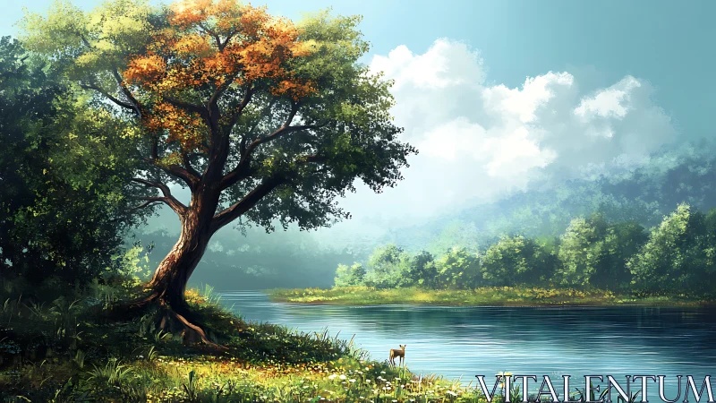 High-contrast riverside tree with seasonal foliage and diffuse light