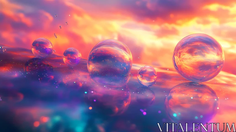 Iridescent glass orbs over neon sunset horizonscape.