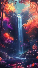 Luminous autumn waterfall descends into shadowed forest pool