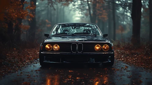 Classic car glowing warmly on a misty autumn forest road.