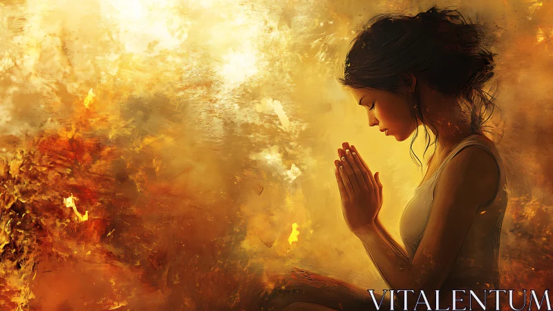 Woman in quiet prayer surrounded by glowing abstract fire