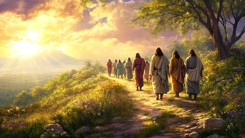 Sunlit hillside procession under volumetric sunrise light scattering