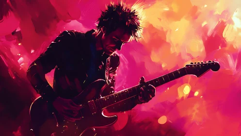Electric guitarist silhouette in vivid abstract lighting scene.