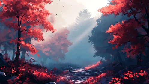 Digital forest landscape with atmospheric perspective and red foliage