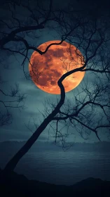 Digital painting of blood moon framed by silhouetted shoreline trees.