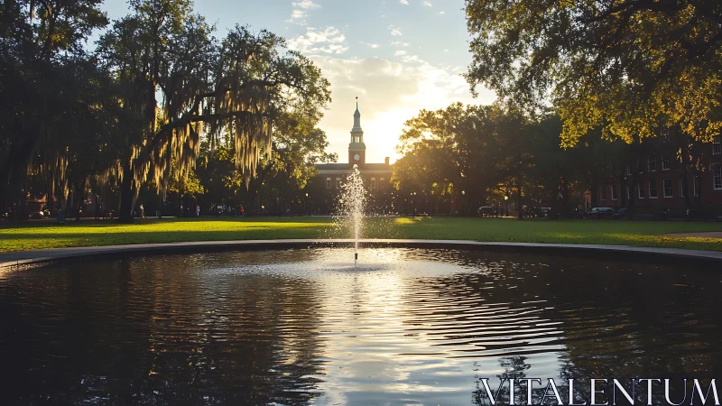 Campus fountain captures warm backlit sunset reflection