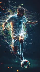 Dynamic football striker framed in luminous particle motion