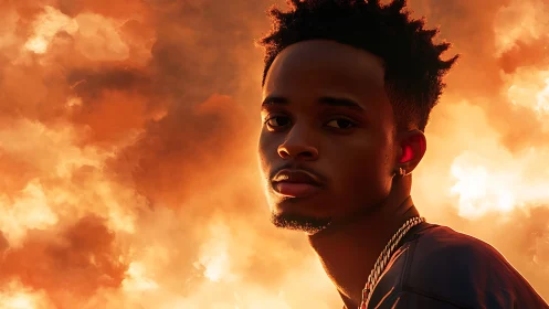 Moody male portrait against intense fiery sky backdrop.