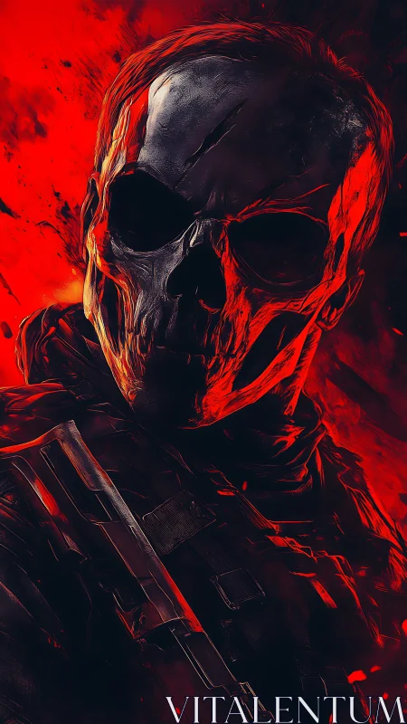 Infernal skull soldier strides through molten scarlet shadows.