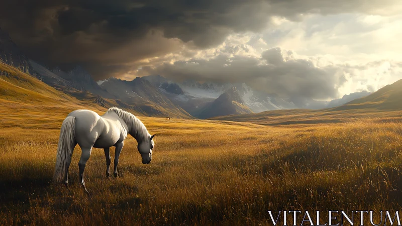 White horse grazing under stormlit mountain skies.