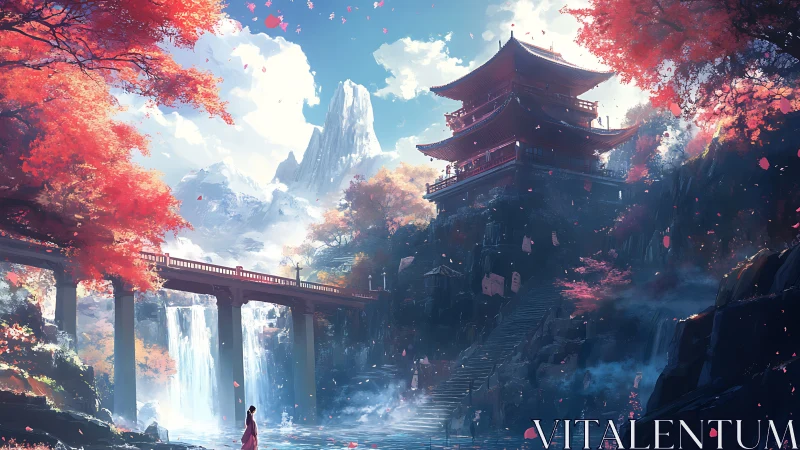 Autumn mountain temple rendered in luminous atmospheric digital style