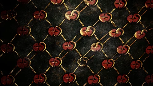 Pattern of interlinked circular symbols on dark textured field.