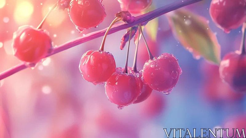 Dewy pink berries glowing in dreamy morning light.