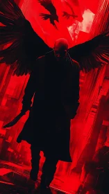 Winged avenger stalking neon-red city streets at dusk.
