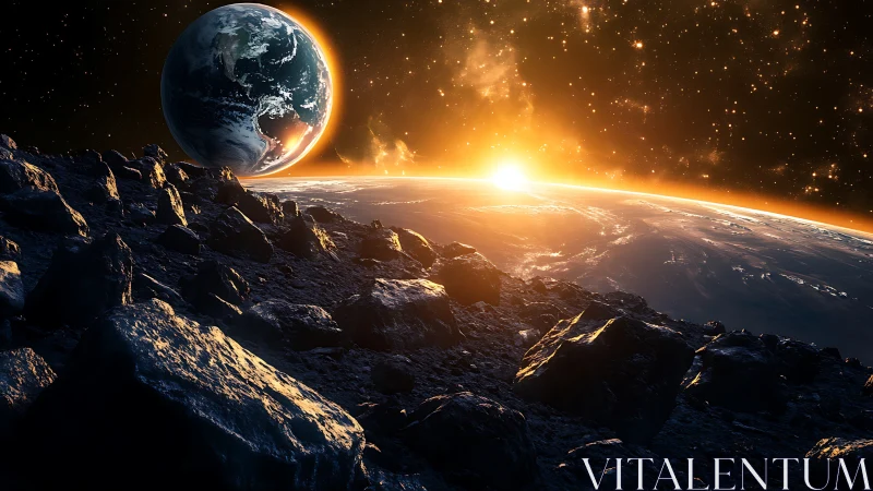 Rocky lunar foreground frames high contrast Earthrise illumination