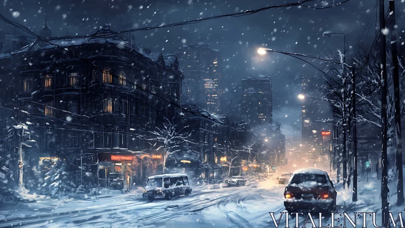 Urban winter street at night rendered with cinematic lighting depth