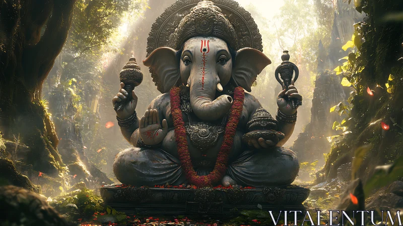 Gentle Ganesha statue glowing softly in an enchanted forest.