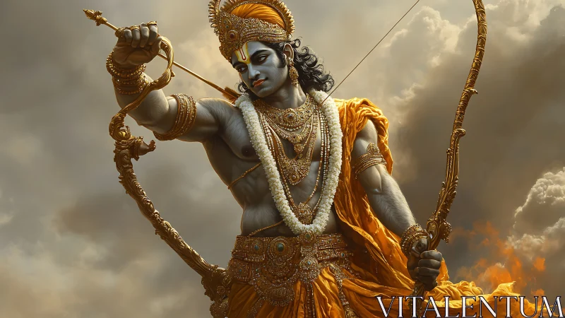 Mythic archer in dynamic, gold-saturated digital rendering.