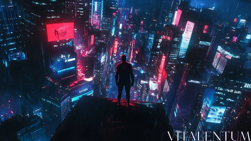 Lone figure overlooks neon cyberpunk city in night rain