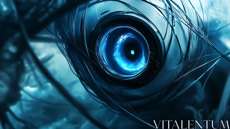 Cryogenic cybernetic iris with tangled neural cabling focus.